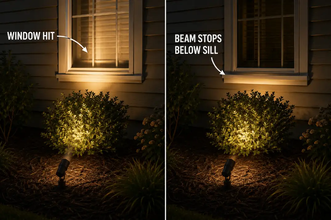 Before and after garden uplight re-aim test showing the beam hitting a window before correction and stopping below the sill after adjustment.