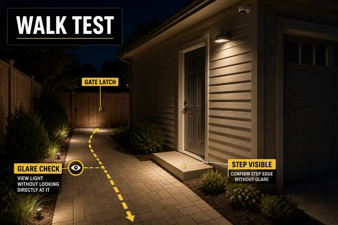 Night walk test for an outdoor security light showing the approach path, visible step edge, and eye-level glare check.