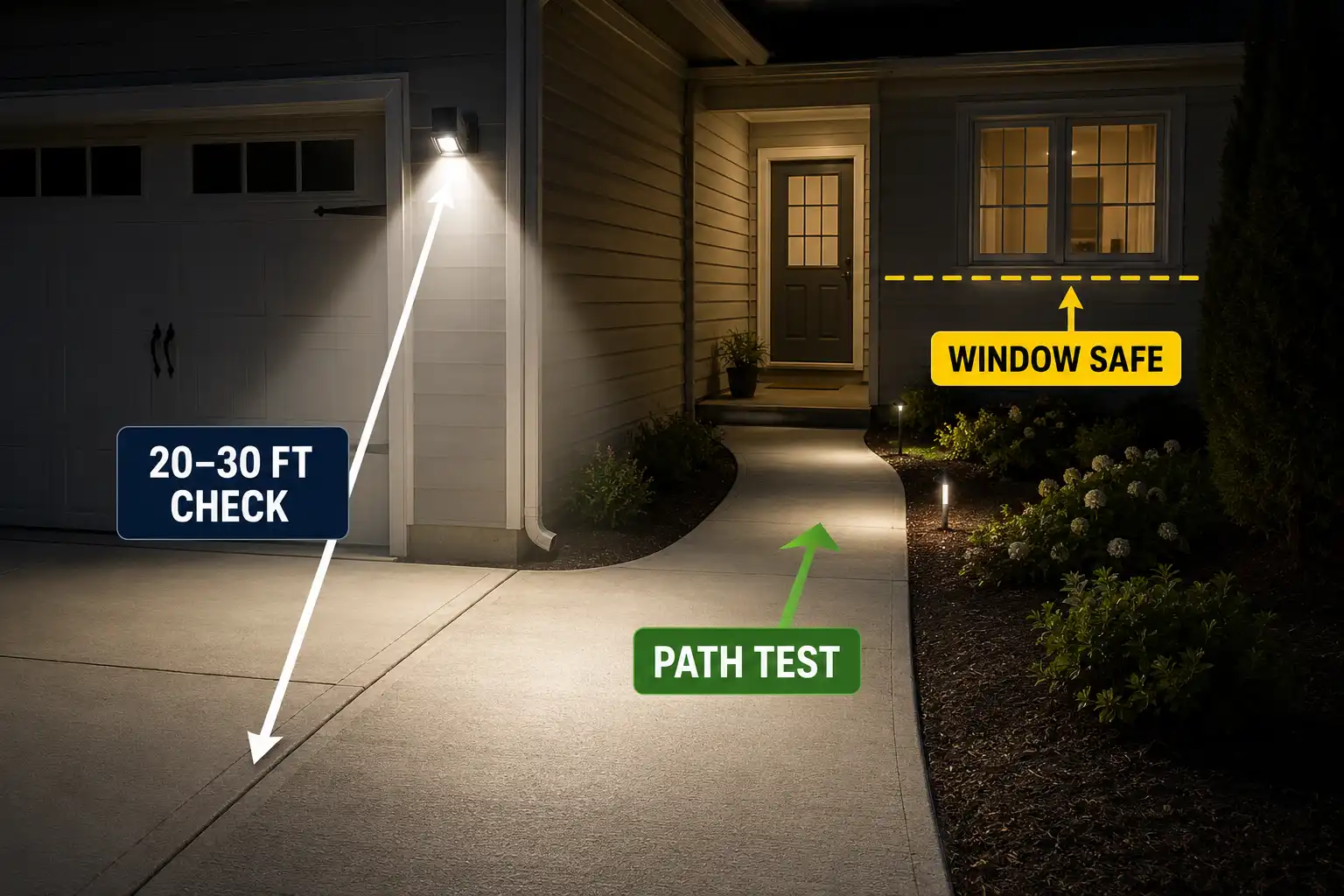 Path test view showing an outdoor security light aimed at the ground while avoiding window glare and face-level brightness.
