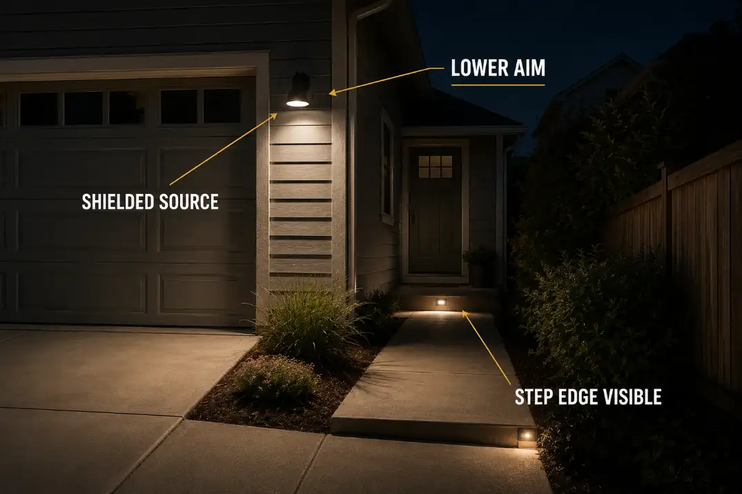 Corrected backyard security lighting with lower aim, shielded source, and visible step edge along the walking route.