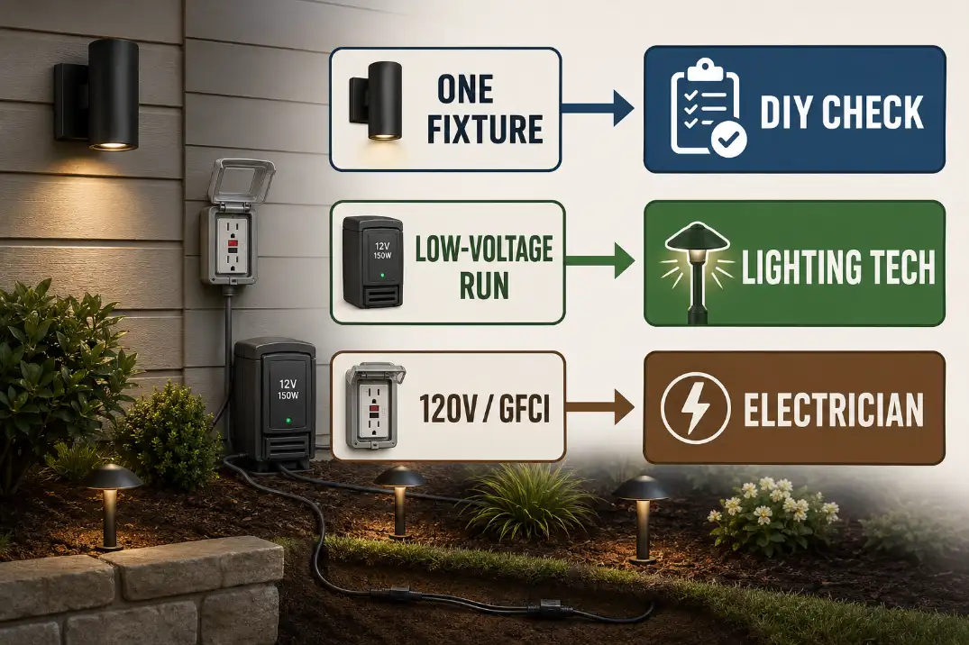 Outdoor lighting decision map showing when to do a DIY check, call a lighting technician, or call a licensed electrician.