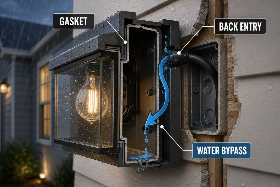 Cutaway of an outdoor wall light showing gasket, back entry, and water bypass behind the fixture.