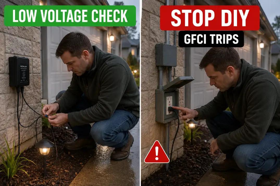 Comparison showing a safe low-voltage outdoor light splice check versus a risky hardwired or repeatedly tripping GFCI situation where DIY should stop.
