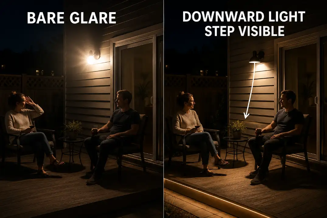 Comparison of an exposed patio wall light causing glare versus a shielded downward fixture lighting the deck step and walking surface.