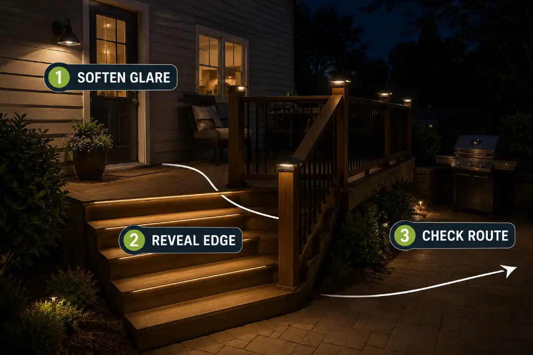 Corrected deck lighting showing softened glare, visible stair edges, and a readable walking route at night.