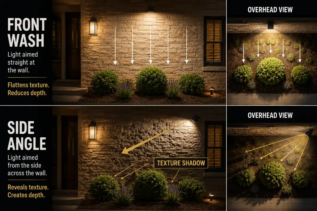 Diagram showing front-facing wall wash flattening a landscape compared with side-angle accent lighting creating texture shadows.