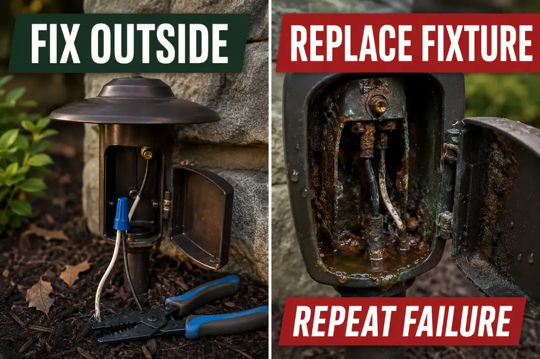 Comparison showing a repairable outdoor light connection problem versus an internally corroded fixture with repeat failure that should be replaced.