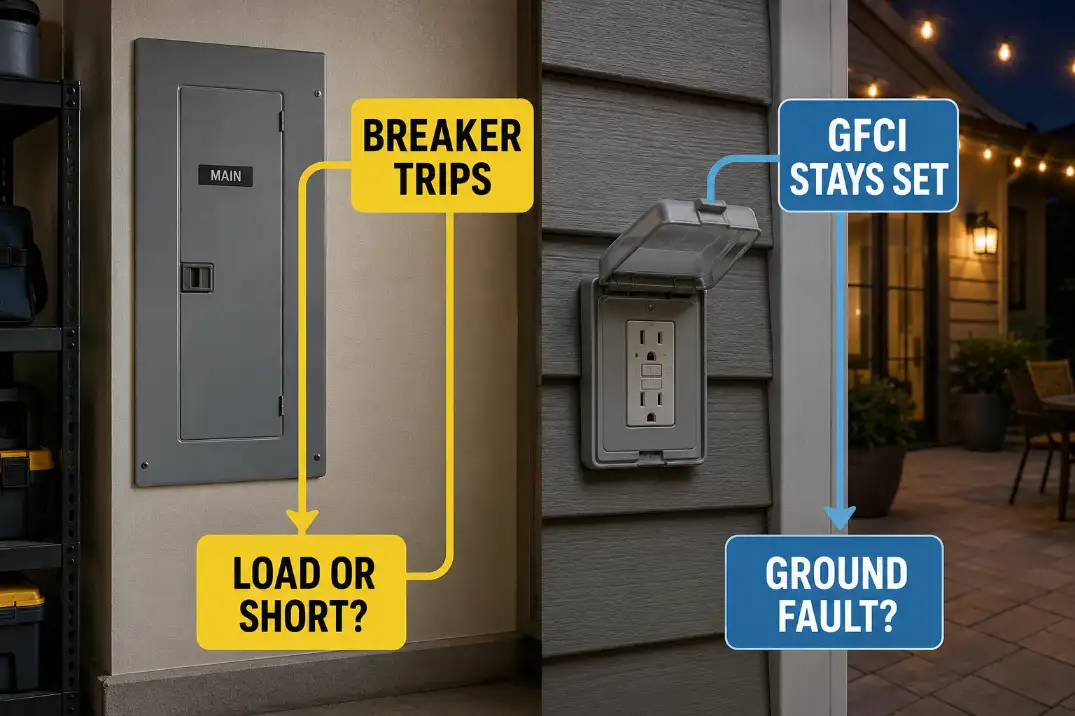 Closed breaker panel and outdoor GFCI outlet showing how breaker trips and GFCI trips point to different outdoor lighting faults.