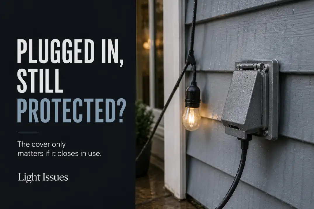 Outdoor outlet in-use cover protecting a plugged-in light cord in wet conditions.