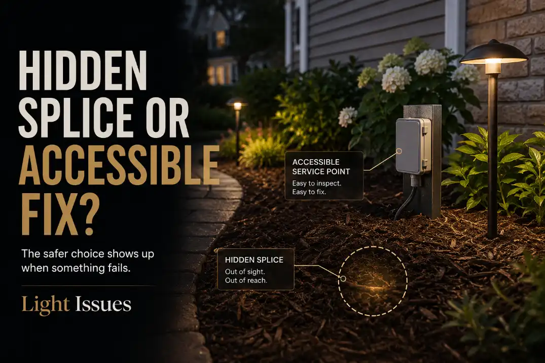 Outdoor light splice comparison showing a hidden buried connector area and an accessible junction box above mulch.