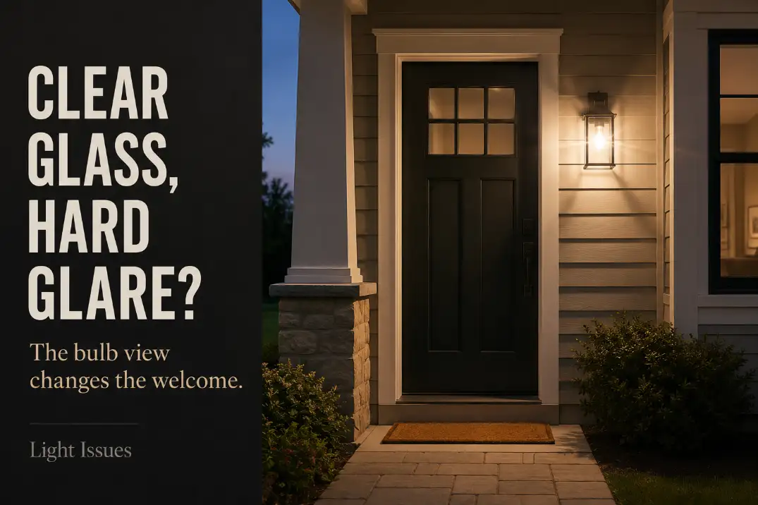 Clear-glass entry light exposing a bulb into the door-side eye line and creating glare at the front door.