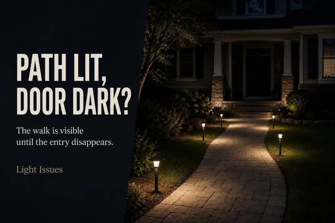 Front walk lights illuminate the path while the porch and door remain disconnected in darkness.