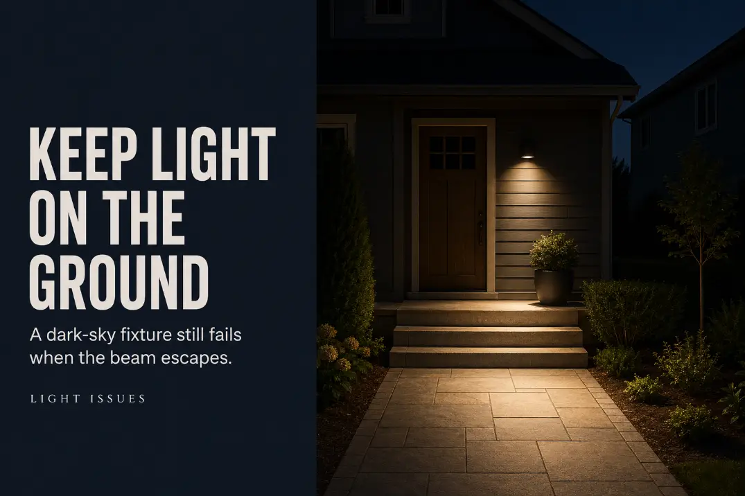 Shielded warm outdoor light illuminating a home’s steps and walkway without sending light toward the sky.