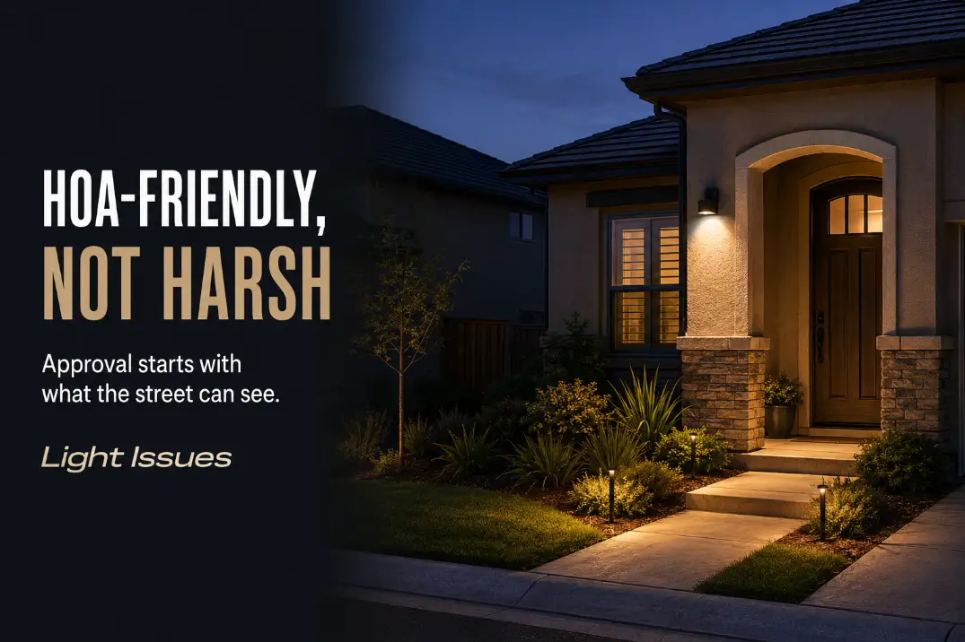 HOA-friendly entry lighting with a shielded warm fixture and controlled downward illumination.