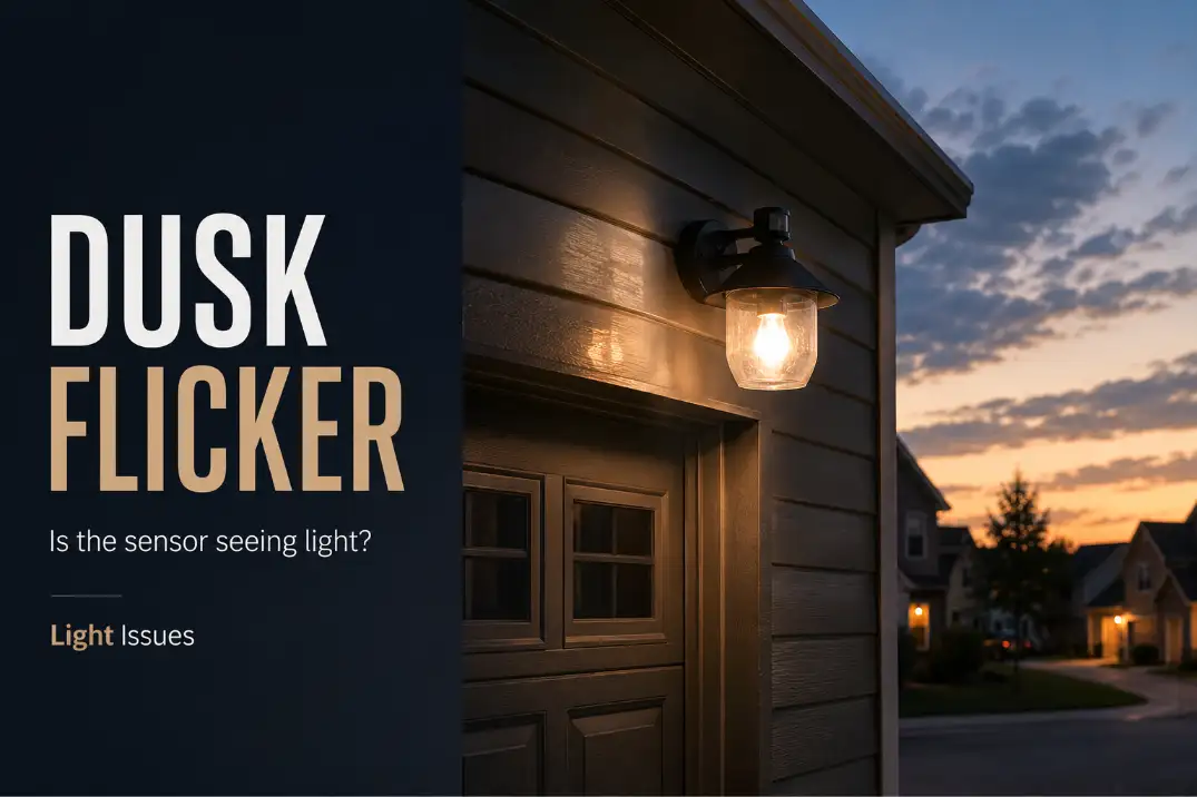 Outdoor photocell light flickering at dusk as reflected light reaches the sensor on a house wall.