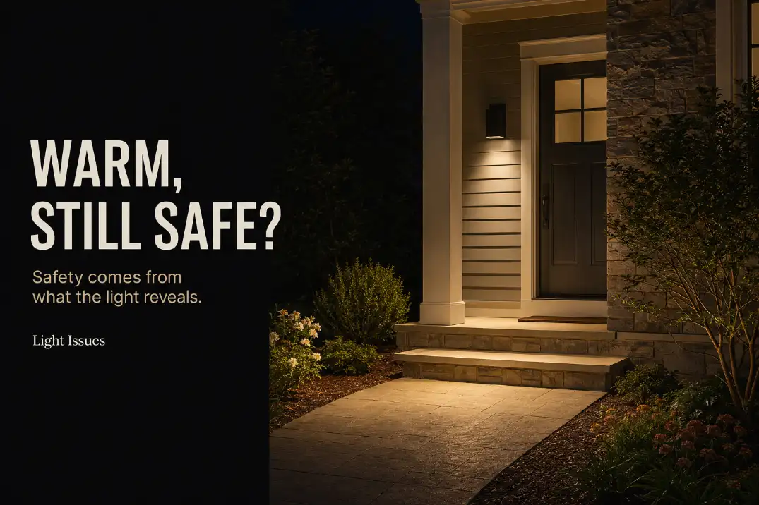 Warm 2700K outdoor lighting revealing a residential step, entry landing, and approach without harsh glare.