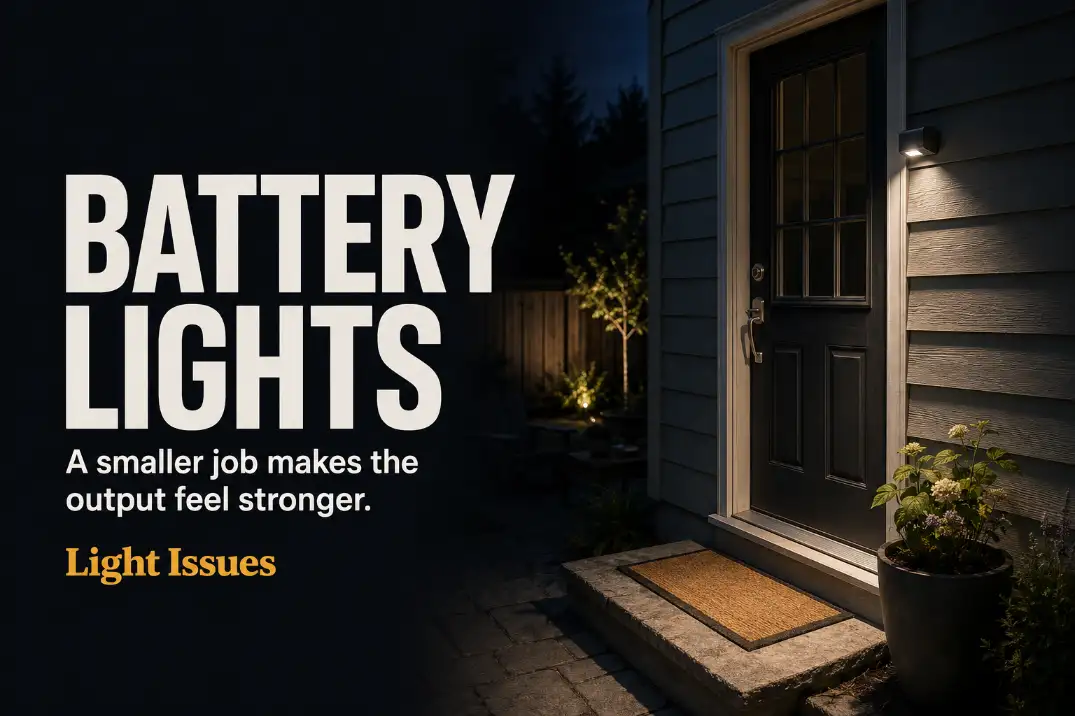 Battery outdoor light focused on a compact doorway task zone instead of the entire yard.