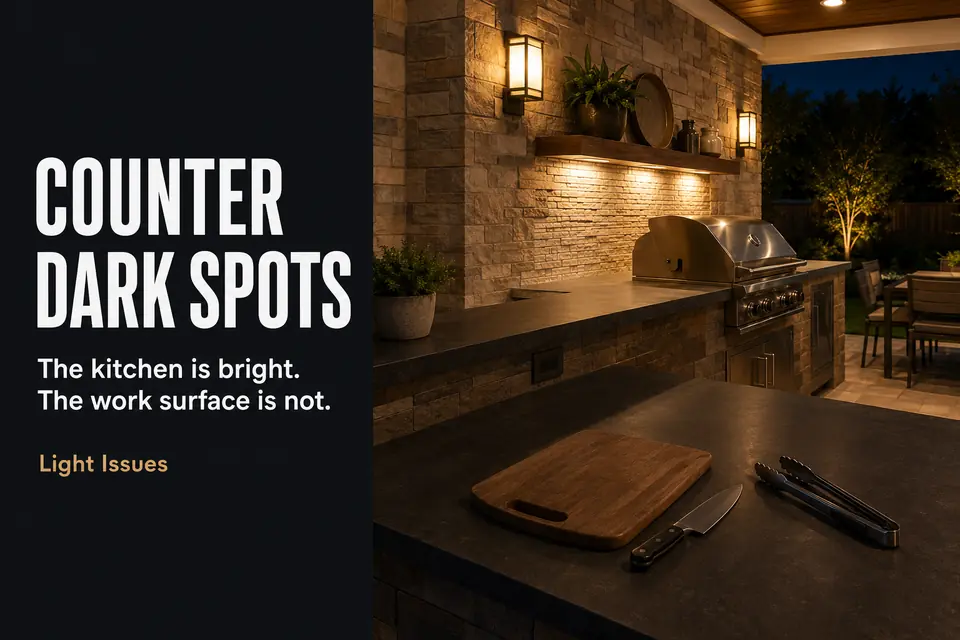 Illuminated outdoor kitchen with a dark prep counter that the installed lights fail to reach.