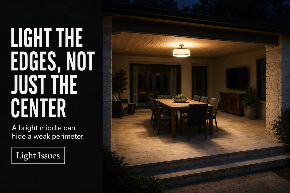 Covered patio with a bright center fixture but dark wall, seating, and step edges.