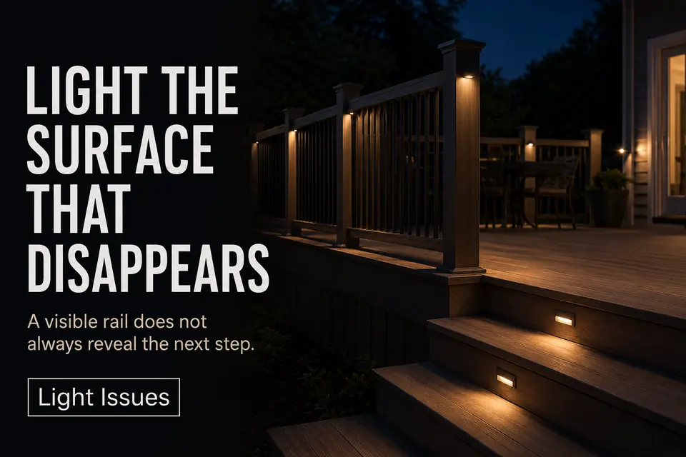 Deck rail lights defining the perimeter beside step lights revealing individual stair treads.
