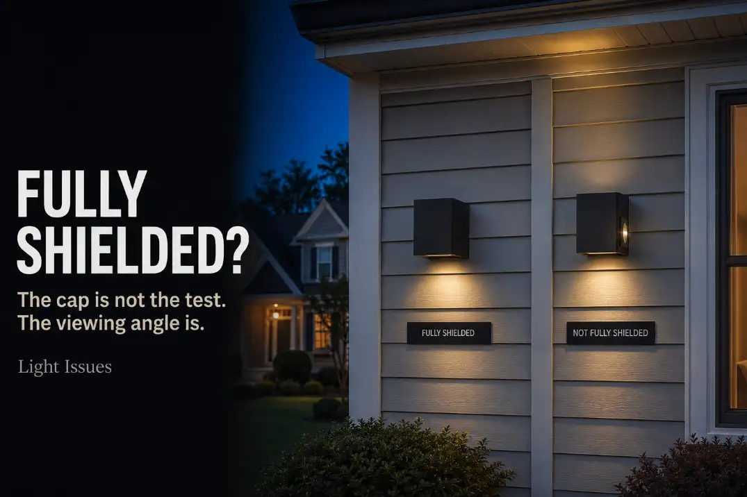 Fully shielded wall light compared with a fixture exposing its bright lens from the side.
