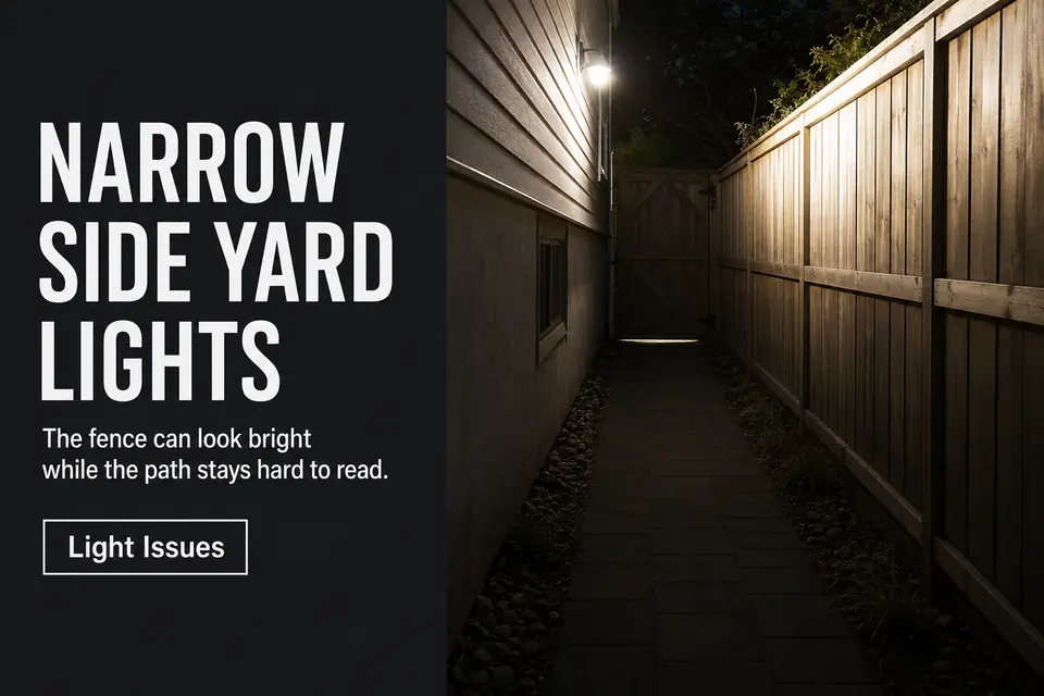 Narrow side yard with a brightly lit fence but a dark walking path and gate threshold.