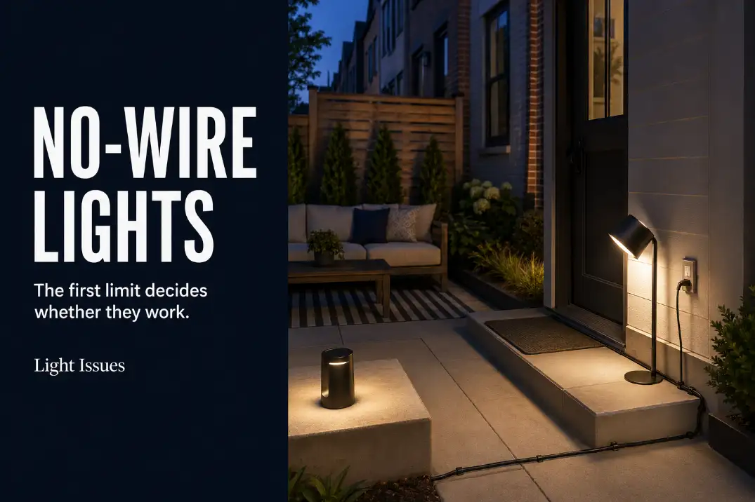 Battery and temporary plug-in lights serving different zones outside a rental home.