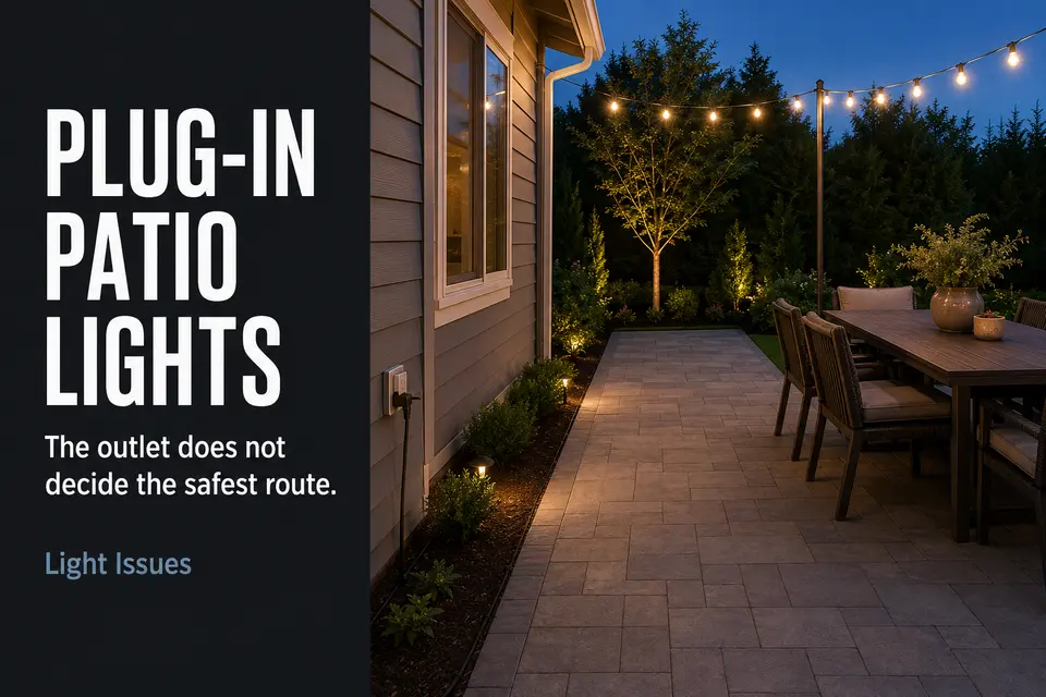 Plug-in patio lights with the power cord routed from an outdoor outlet along a clear perimeter edge.