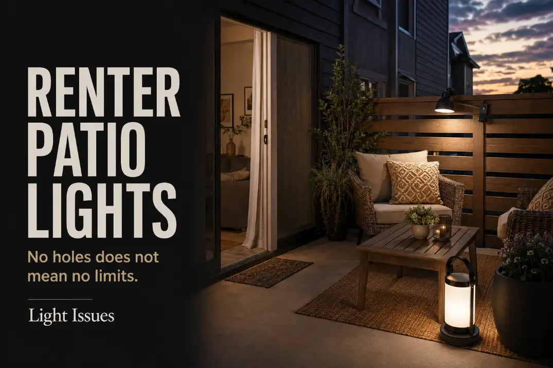 Clip-on and freestanding lights arranged without drilling on a compact renter patio.
