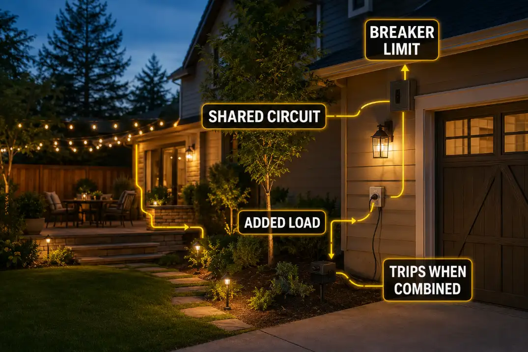 Outdoor lights and other exterior devices sharing one circuit and tripping the breaker when combined.
