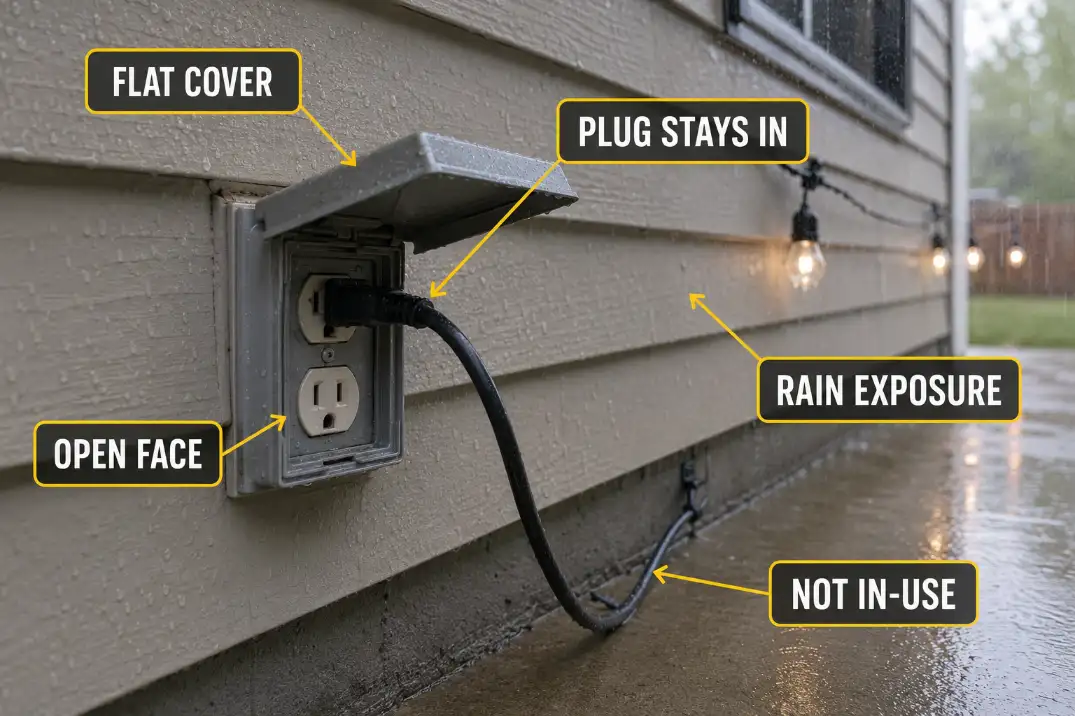 Flat outdoor outlet cover left open because a light cord stays plugged in.