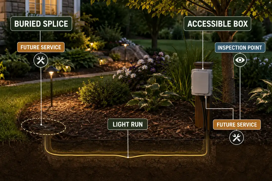 Outdoor lighting splice access comparison showing a buried splice and an accessible junction box for future service.