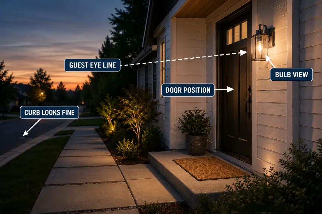 Guest eye-line overlay showing a clear-glass entry light bulb visible from the doormat and door position.