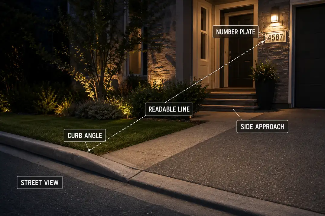 Street viewing angle overlay showing how house numbers can be hard to read from the curb or driveway approach.