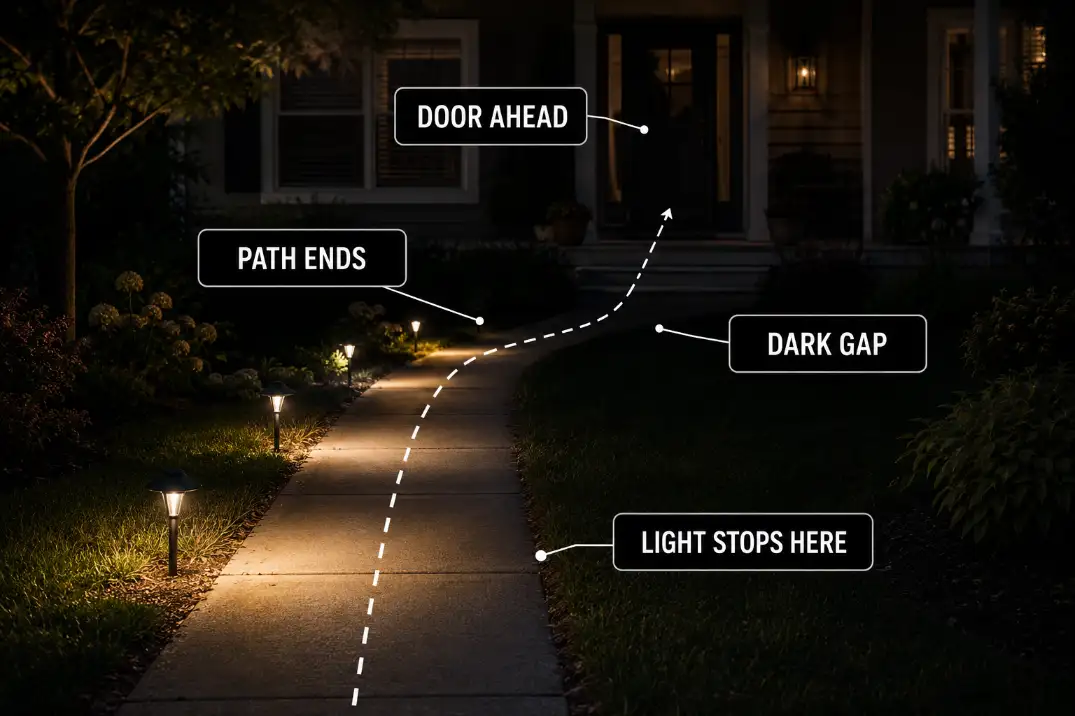 Front walkway lights stop before the porch, leaving a dark gap before the door.