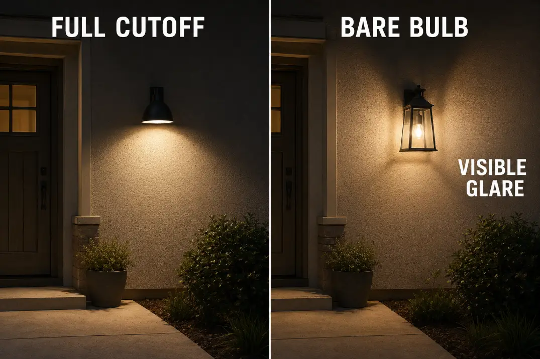 Matched comparison of a full-cutoff wall light and a bare bulb producing visible side glare.