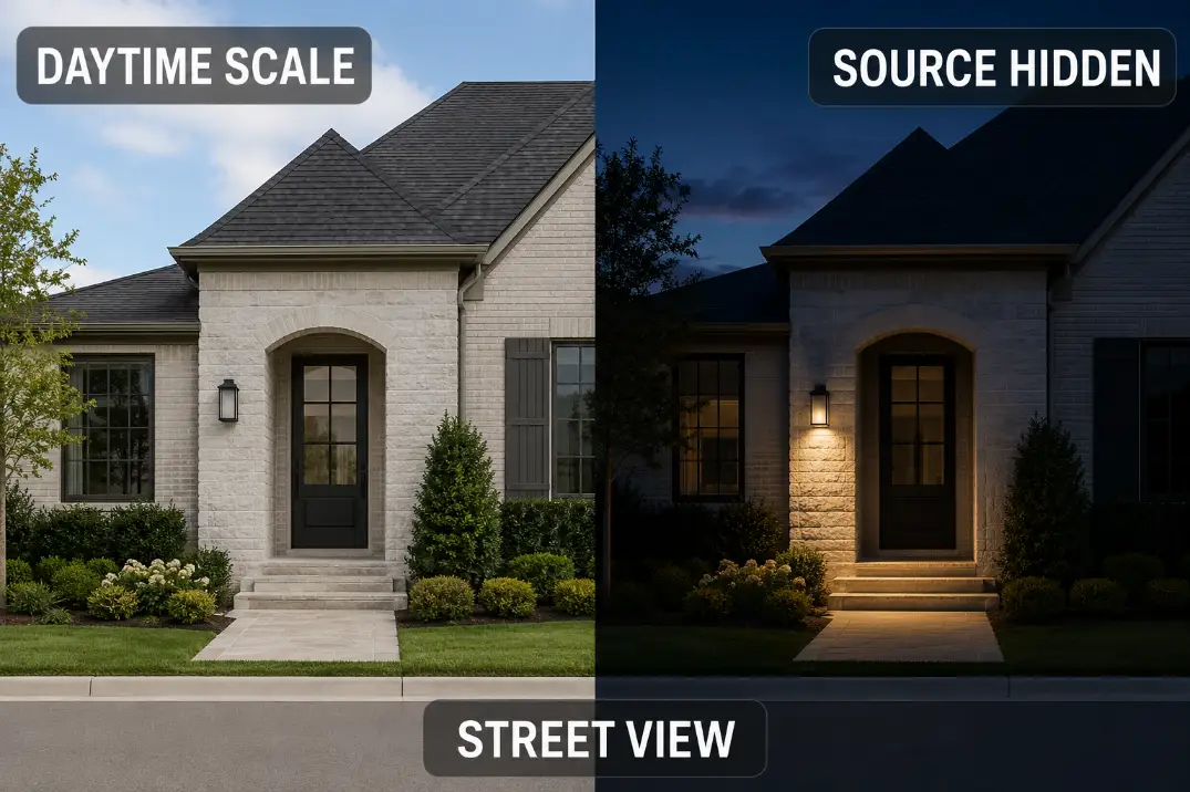 Matched street views show appropriate fixture scale by day and a concealed light source after dark.