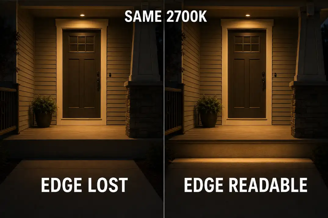 Same 2700K porch light hiding a step edge on one side and revealing it through better beam placement on the other.