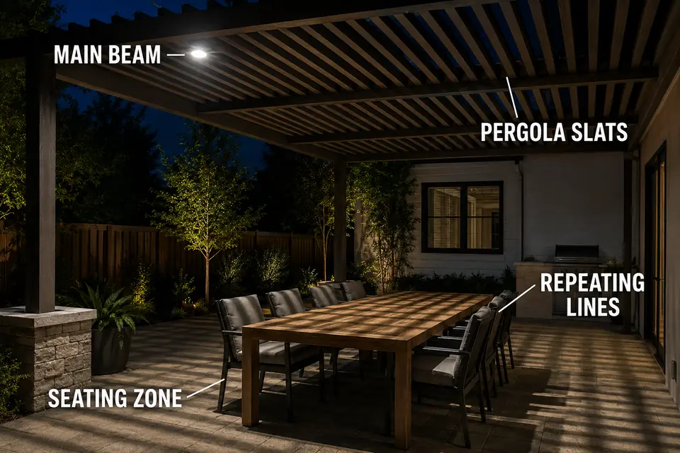 Directional light passing through pergola slats and creating repeating shadows across the seating zone.