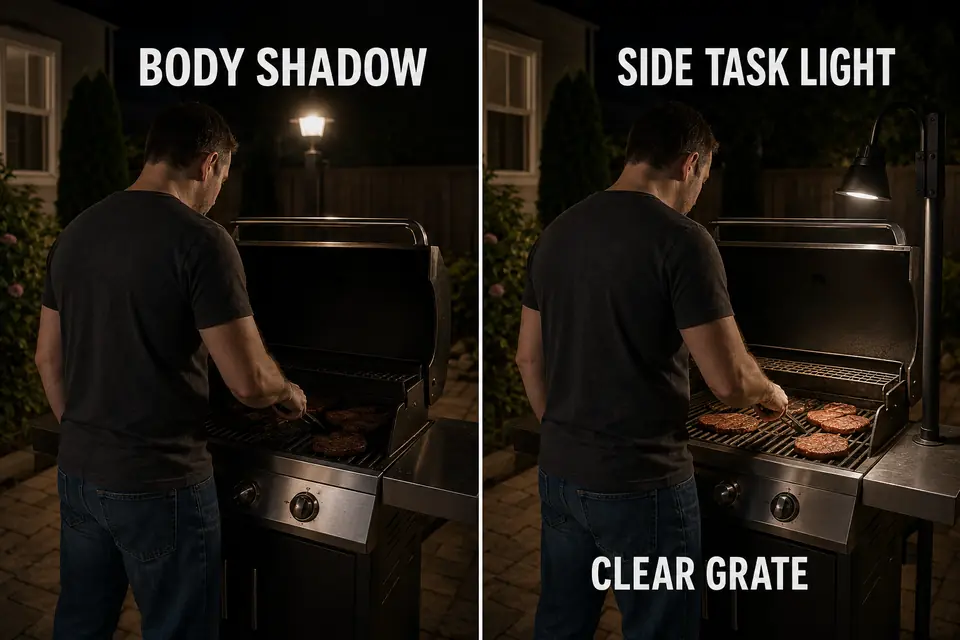 Rear light blocked by a cook compared with side task light reaching the grill grate.
