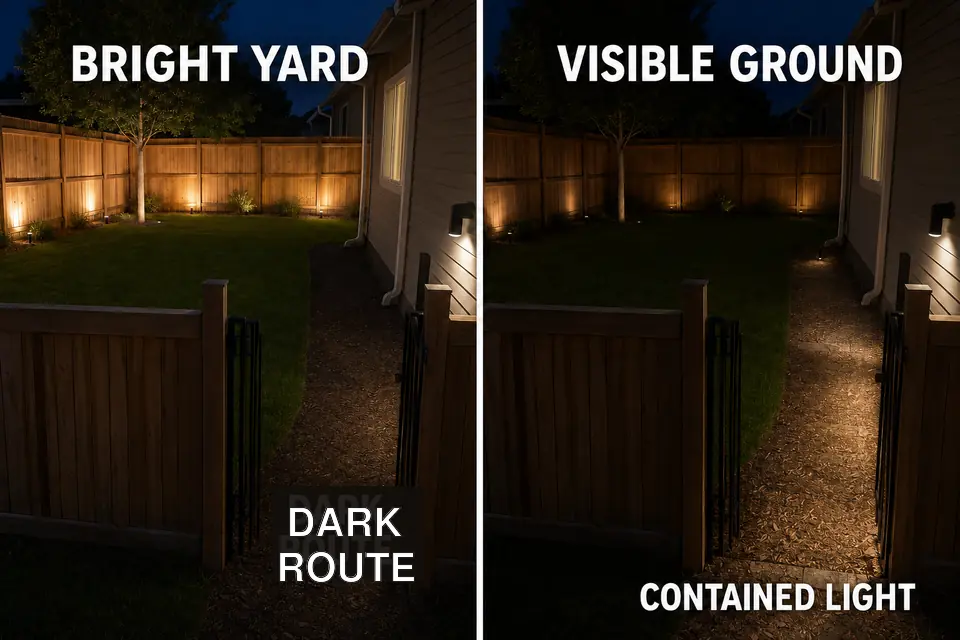 Matched dog run views compare a bright yard with contained light that makes the ground route visible.