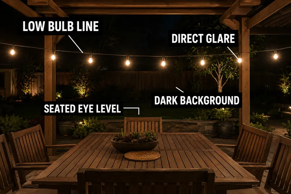 Low string-light bulbs crossing the seated eye line beneath a backyard pergola.
