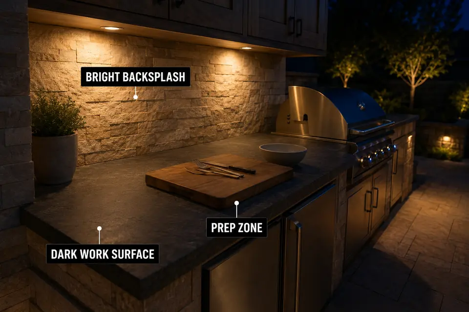 Bright outdoor kitchen backsplash above a dark counter and underlit food preparation zone.