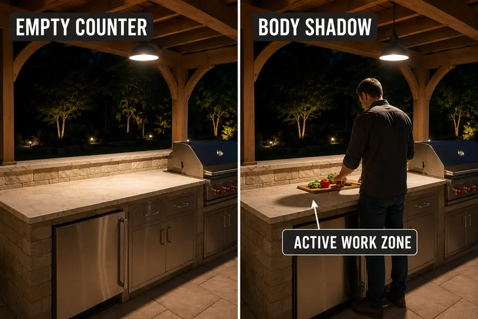 Empty pergola kitchen counter compared with the same counter shadowed by a cook standing beneath the overhead light.