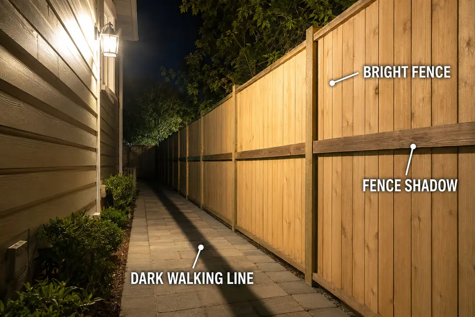 Fence post and rail casting a dark shadow across a narrow illuminated side-yard path.