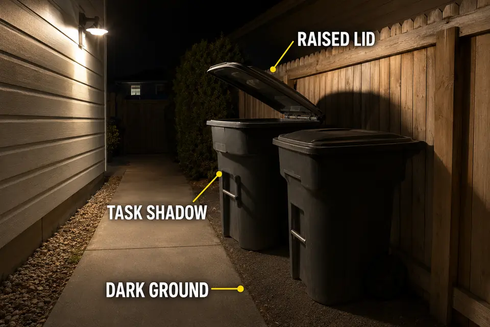 Raised trash-bin lid blocking a side-yard light and shadowing the handle and standing ground.