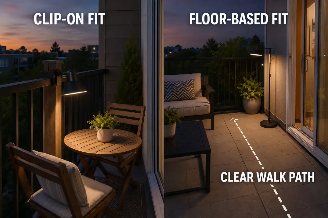Clip-on and freestanding patio lights shown in the conditions that suit each mounting path.