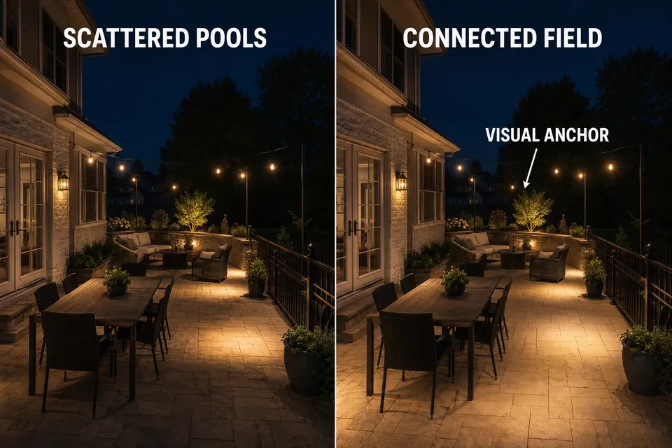 Matched patio comparison showing scattered temporary light pools beside a coordinated illuminated field.