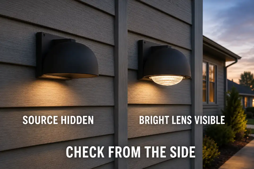 Side view showing a concealed outdoor light source beside a visibly exposed bright lens.