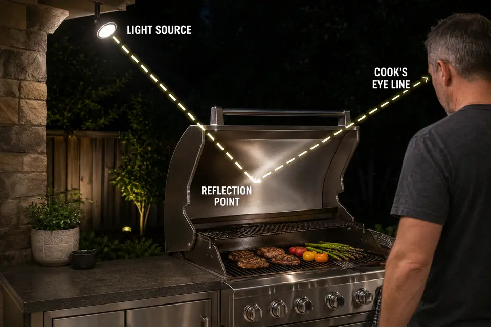 Light traveling from an outdoor fixture to a stainless-steel grill reflection and the cook’s eye line.